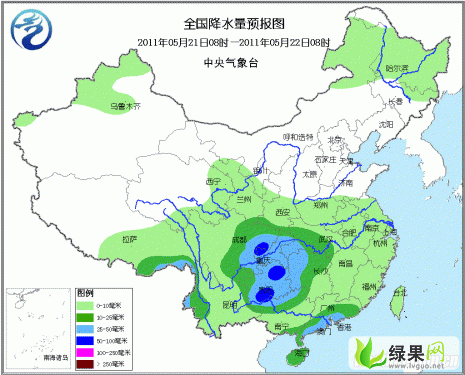 今起有降雨    2011年5月19日8时-2011年5月20日8时  降水分布图